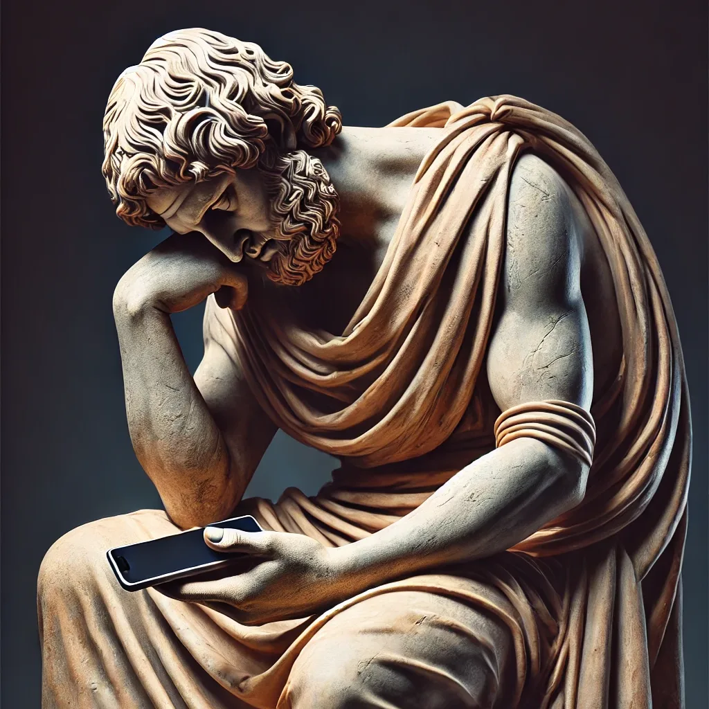 Kreikkalainen marmoripatsas istuu. Nojaa päätä käteen. Toisessa kädessä puhelin.